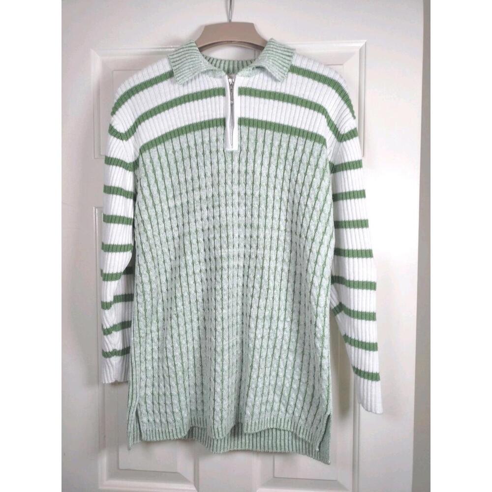 Vintage Carolina Colours Cable Knit Quarter-Zip Sweater Women's M Green/‎ White